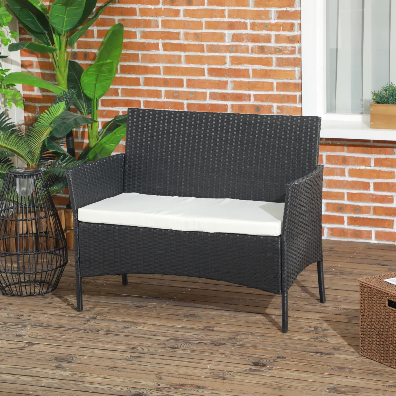 Outsunny Canapé de Jardin à 2 Places avec Coussin et Accoudoirs en Rotin PE et Acier, 100x54x80cm, Noir