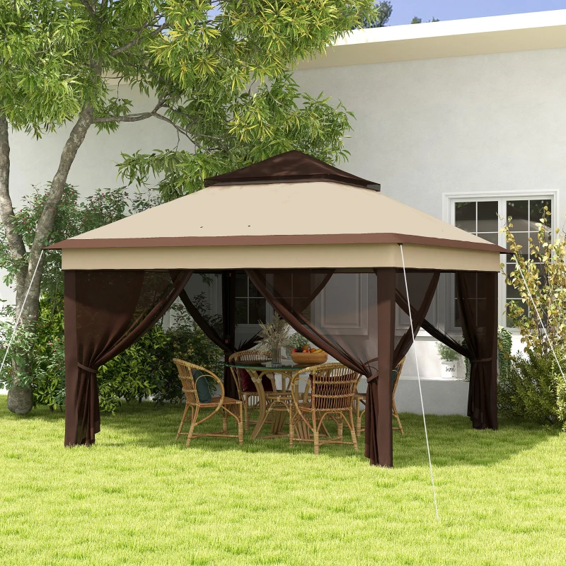 Outsunny Gartenpavillon 3x3 Höhenverstellbar mit abnehmbaren Wänden, aus Stahl und Oxford-Gewebe, Farbe Kaffee und Beige