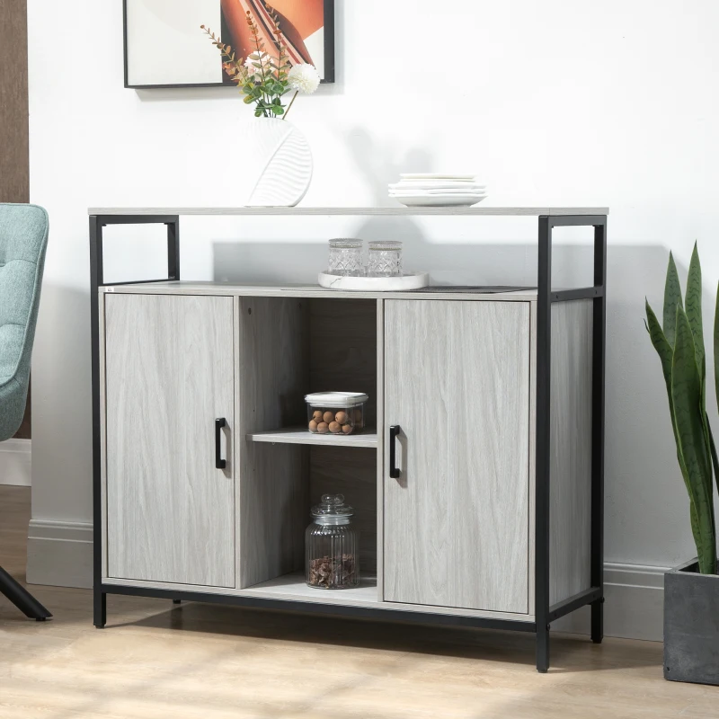 HOMCOM Moderne Holzkommode mit 2 Schränken und Regalen, Küchenmöbel und Eingang in Hellgrau, 100x34x87,2cm