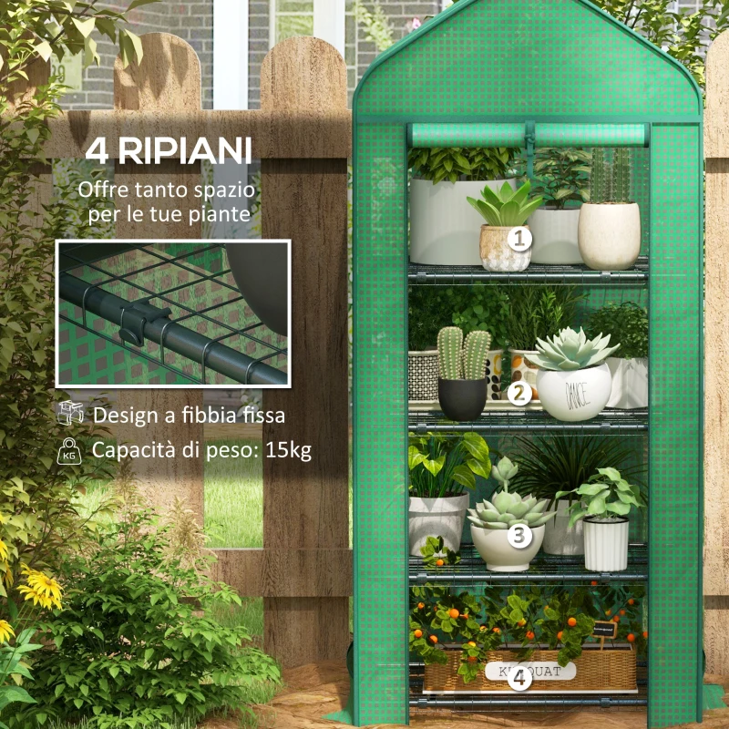 Outsunny Serra per Piante a 4 Ripiani con Porta Avvolgibile, in Metallo e PE, 69x49x158 cm, Verde Scuro