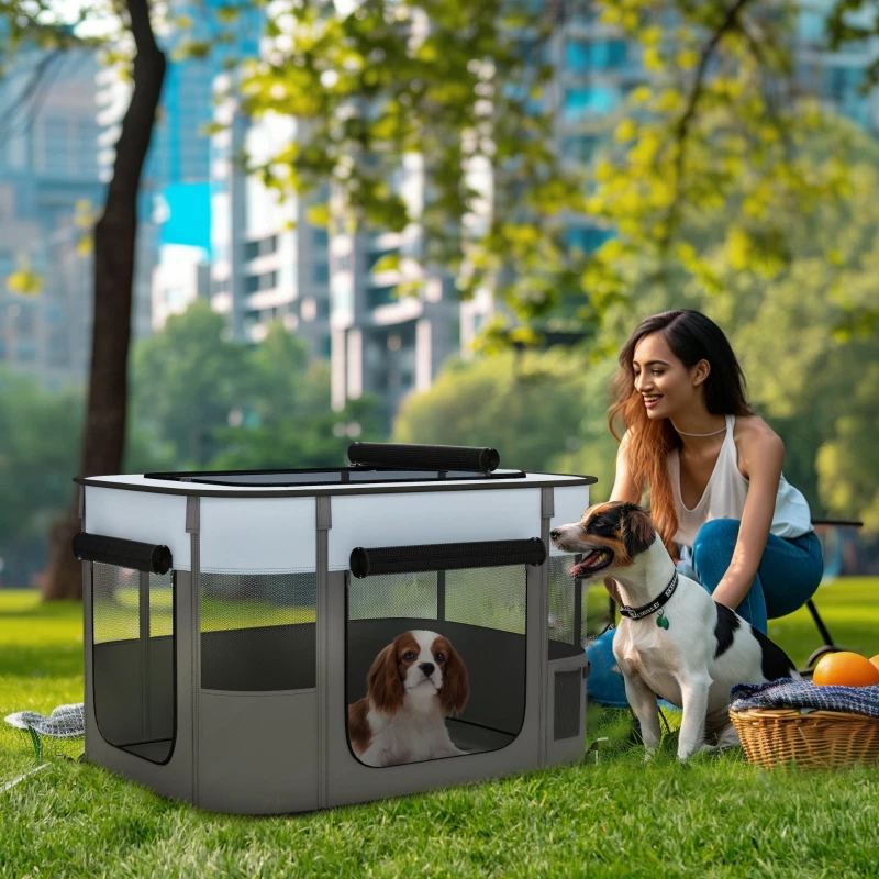 PawHut Valla para Mascotas con 7 Ventanas, 3 Puertas y 2 Bolsas de Almacenamiento, en Poliéster y Acero, 84x64x53 cm