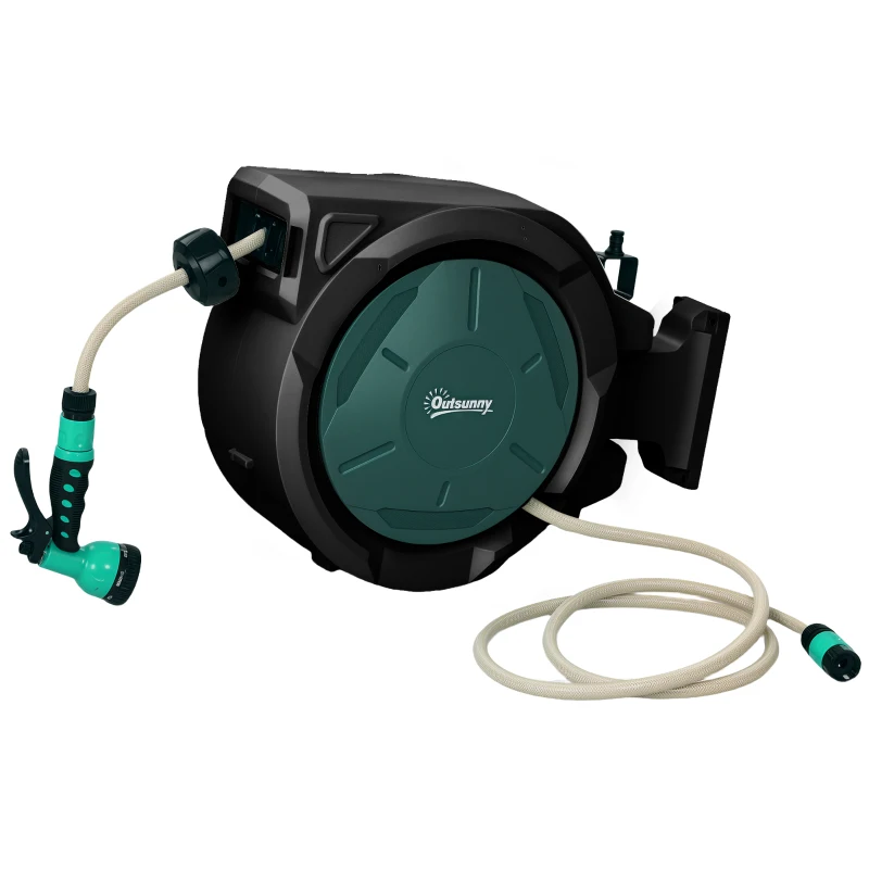 Outsunny Avvolgitubo da giardino con supporto a muro e maniglia girevole a 180°, 59 x 23 x 42 cm, Nero
