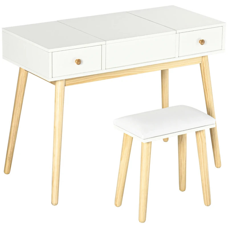 HOMCOM Set di Toeletta con Sgabello, 2 Cassetti e Specchio Ribaltabile, Stile Scandinavo, 100 x 45 x 118 cm, Bianco