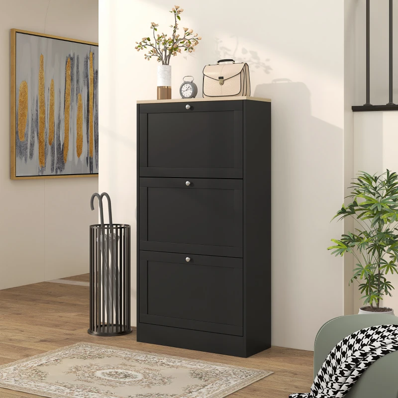 HOMCOM Schuhschrank im skandinavischen Stil 3 klappbare Türen für 18 Paar Schuhe 60 x 23,5 x 115 cm Schwarz in Holzoptik