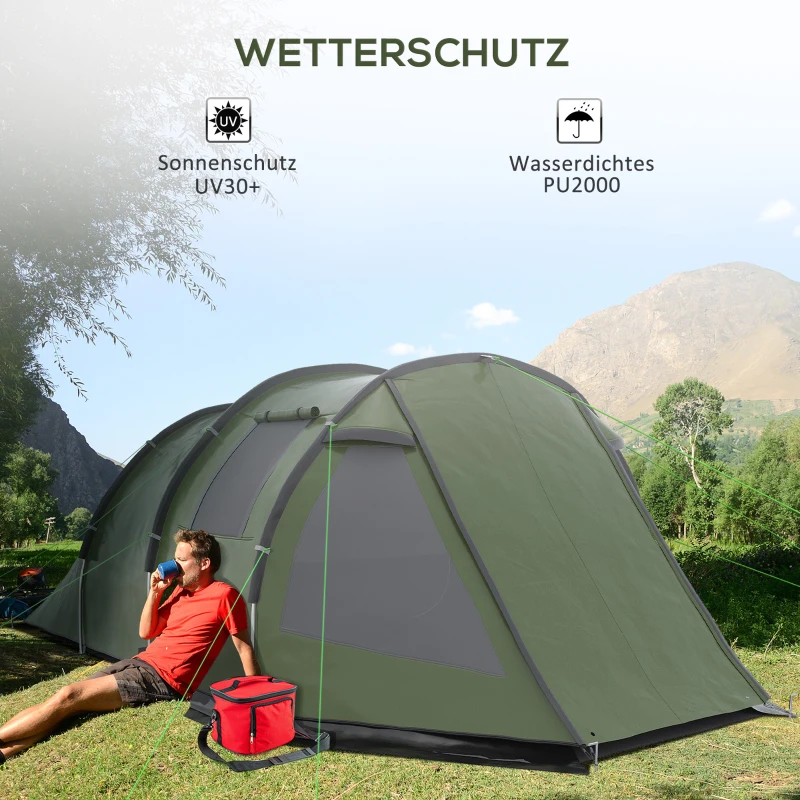 Outsunny Campingzelt für 3-4 Personen, zwei Innenräume, Netzfenster, grün, 4,75 x 2,64 x 1,72 m