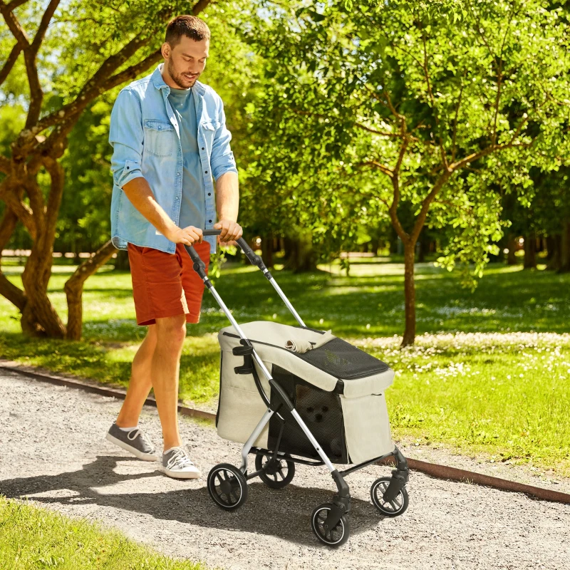 PawHut Poussette pour Animaux Légère et Pliable pour Chiens de Petite Taille avec Ventilation Optimale 80x48,5x106 cm Kaki et Argent