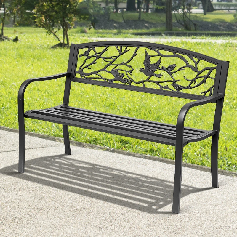 Outsunny Banco de jardín Banco 3 Places terraza Style Rural Chic 127x60x85 cm metal con recubrimiento epoxi anticorrosión Negro