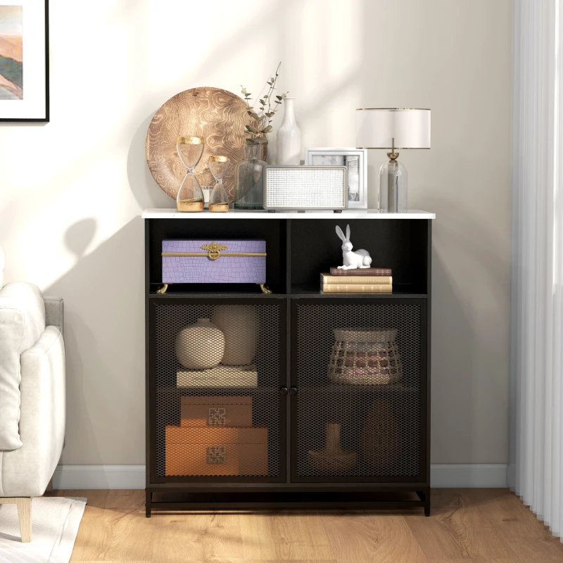 HOMCOM Mueble de Almacenamiento Buffet con acabado de mármol y doble puerta de rejilla 86x40x90 cm Blanco y Negro