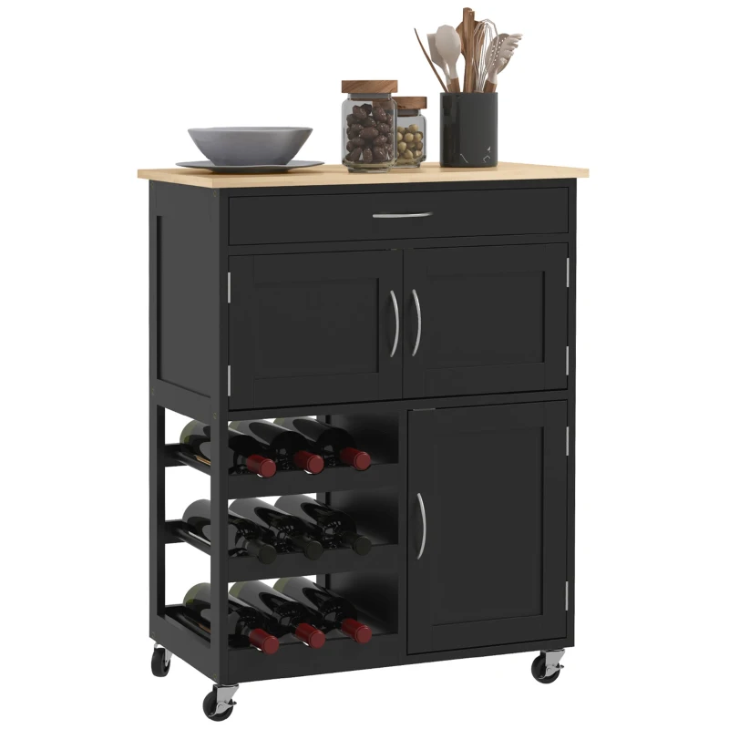 HOMCOM Küchenwagen aus Holz mit Flaschenregal, 3 Türen und Schublade, 67x37x87 cm, Schwarz und Eiche