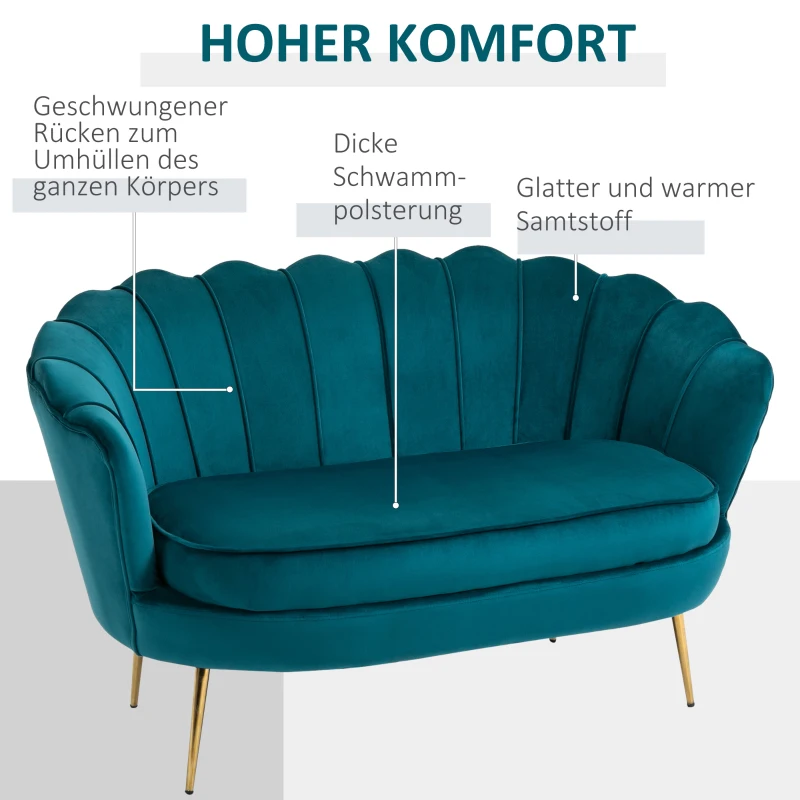 HOMCOM 2-Sitzer-Sofa, Couch, Polstersofa, Samtoptik, Doppelsofa, bis 150 kg belastbar, 130 x 77 x 77 cm, Dunkelgrün(m-5)