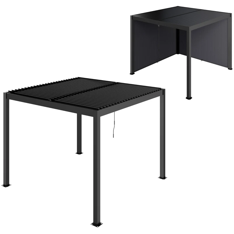 Outsunny Pergola bioclimatica esterna in alluminio 3 x 3 m con tende, sistema di drenaggio nascosto, grigio