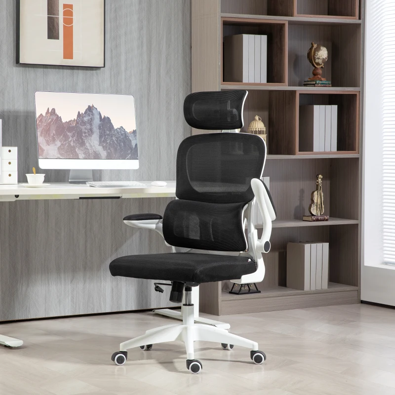 HOMCOM Chaise de Bureau Pivotante avec Appuie-Tête et Hauteur Réglables, Accoudoirs Rabattables et Inclinaison, Noir