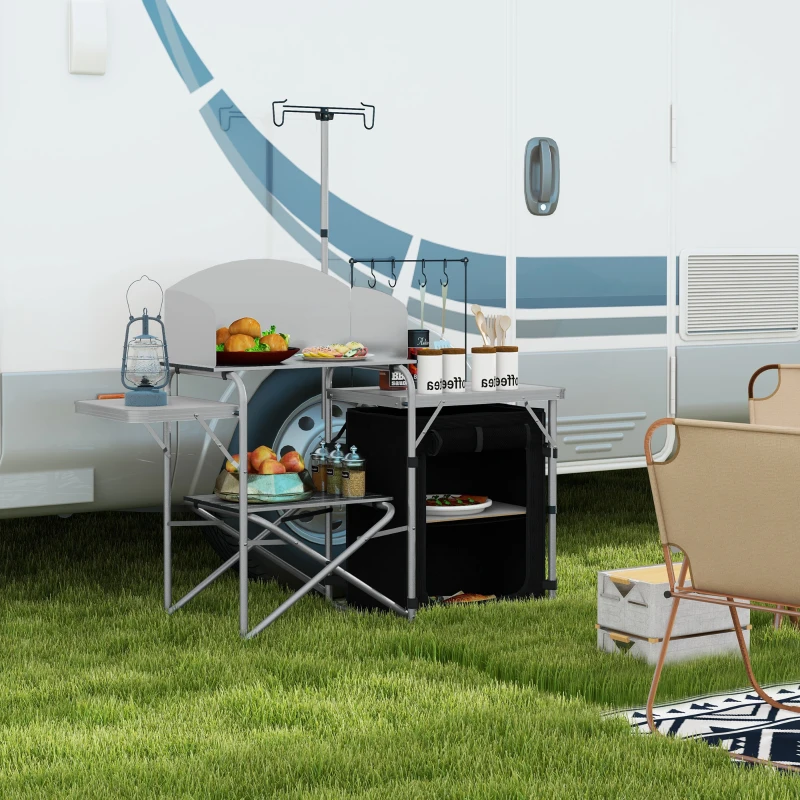 Outsunny Mobile da Cucina per il Campeggio con Ripostiglio, Tavolo da Esterno Pieghevole Portatile in Alluminio con Borsa per il Trasporto, Argento