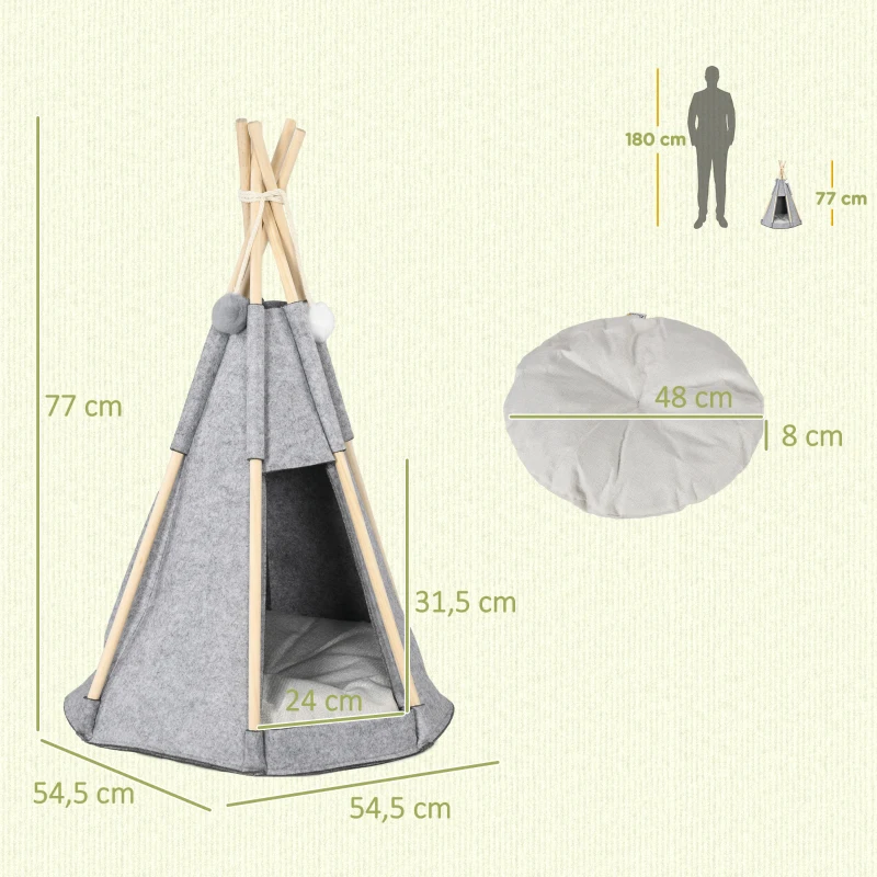 PawHut Tipi Zelt für Haustiere Teepee Katze oder Hund dickes Kissen 2 Pompons inklusive Holzstruktur aus Kiefer Filz Plüsch grau