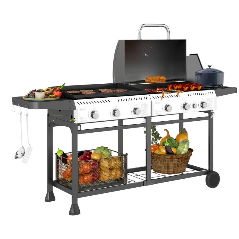 Outsunny Deluxe Duo Gas BBQ, with Grill, Plancha and Side Burner - Black