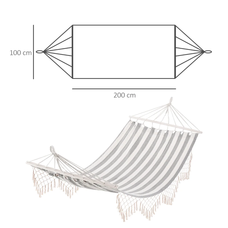 Outsunny Portable Reise Hängematte im hippie-chic Stil Hängemattentuch Maße 2L x 1B m Baumwolle Polyester Grau-Weiß gestreift