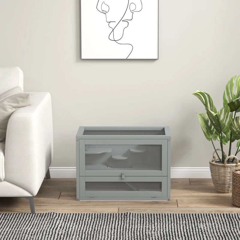PawHut Gabbia per Criceti, Topi, Piccoli Roditori, Multi-Accessori, Rampa, Piattaforme, Tetto Apribile, Griglia, 60 x 35 x 42 cm, Grigio
