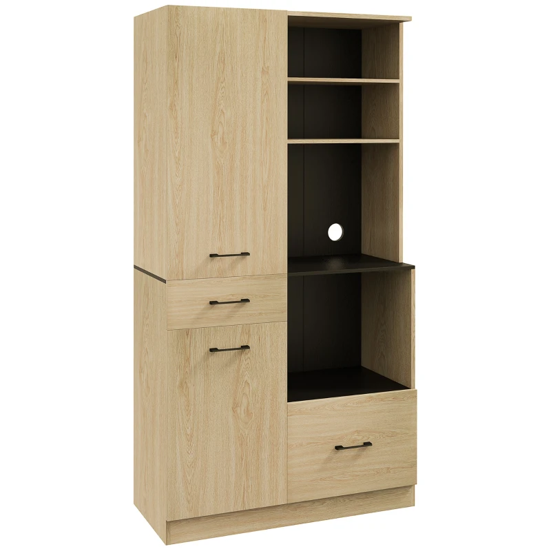 HOMCOM Mobile da cucina con 2 cassetti, 2 armadi, 4 vani con ripiani regolabili e passacavi, H170 cm, Nero e Legno