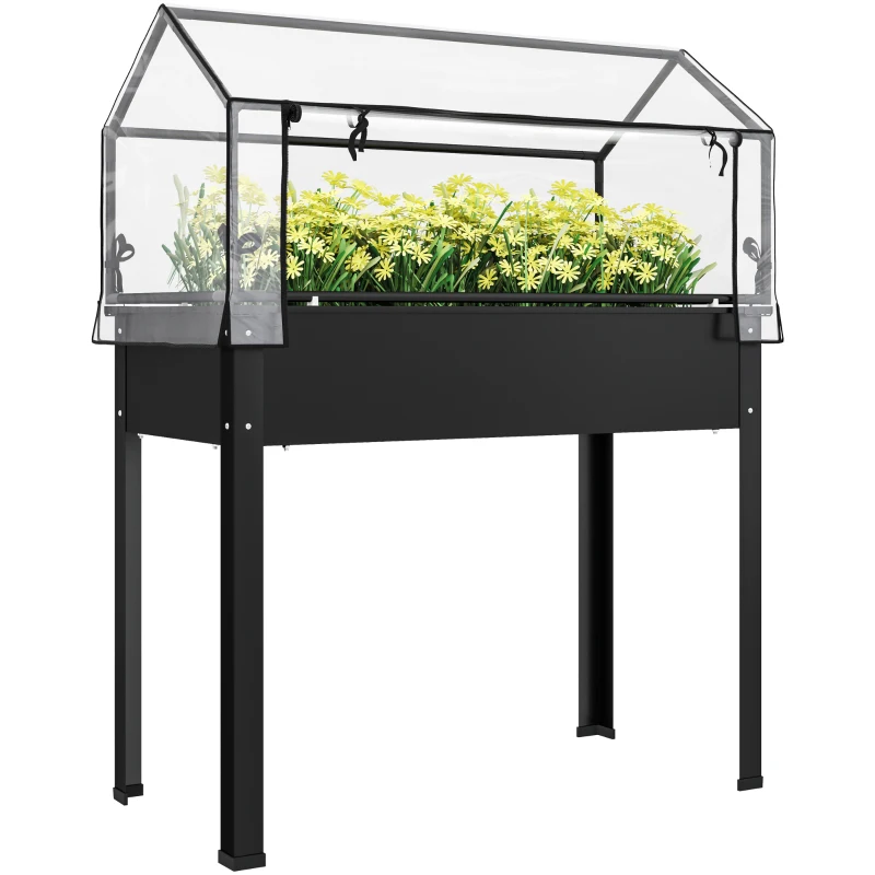 Outsunny Carré Potager avec toit de serre, Bac à plantes surélevé avec trous de drainage, 100 x 48 x 124 cm, Noir