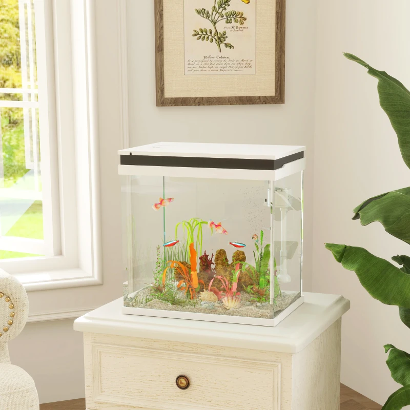 PawHut Glasaquarium für Goldfische 26L mit LED-Lichtern, Filtersystem und Wasserpumpe, 38x26x38 cm, Weiß