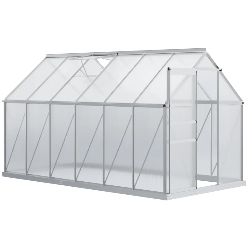 Outsunny Serra da Giardino in Policarbonato 7,1 M², Dim, 1,9 L x 3,75 L x 1,99 M con Fondazione, Abbaino Regolabile, Porta Scorrevole, Argento e Trasparente