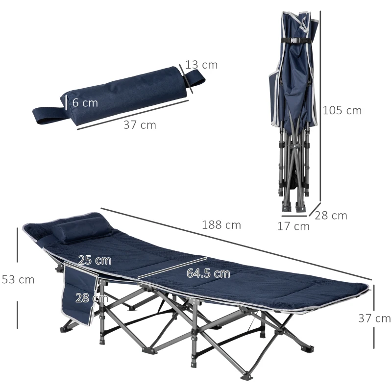 Outsunny Campingbett, lit pliant avec oreiller, 188 x 64,5 x 53 cm, bleu foncé