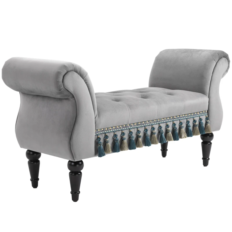 HOMCOM Panca Imbottita in Velluto con Braccioli e Piedi in Legno d'Hevea Grigio 40P x 117L x 58H cm