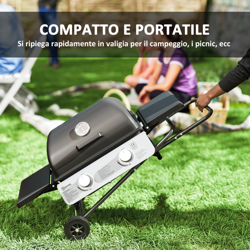 Outsunny Barbecue a Gas Portatile con 2 Bruciatori e 2 Tavolini, Coperchio con Termometro e Ruote, Nero