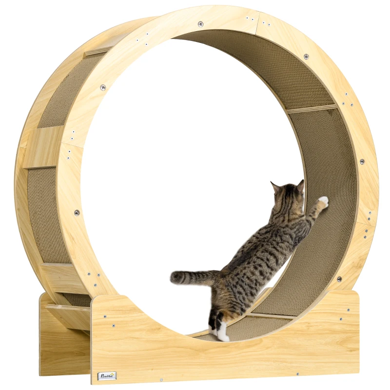PawHut Ruota da Corsa per Gatti da Interno Tapis Roulant con Freno Cuscini Graffiante Diametro 91 cm Naturale