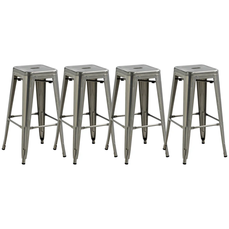 HOMCOM Set di 4 sgabelli da bar industriale impilabili altezza seduta 76 cm in metallo argento