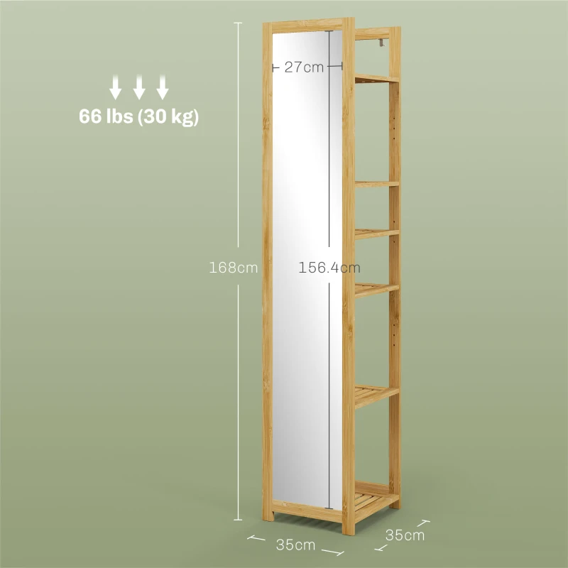 HOMCOM Scaffale da Bagno con Specchio e 6 Ripiani a Doghe in Bambù, 35x35x168cm, Colore Legno