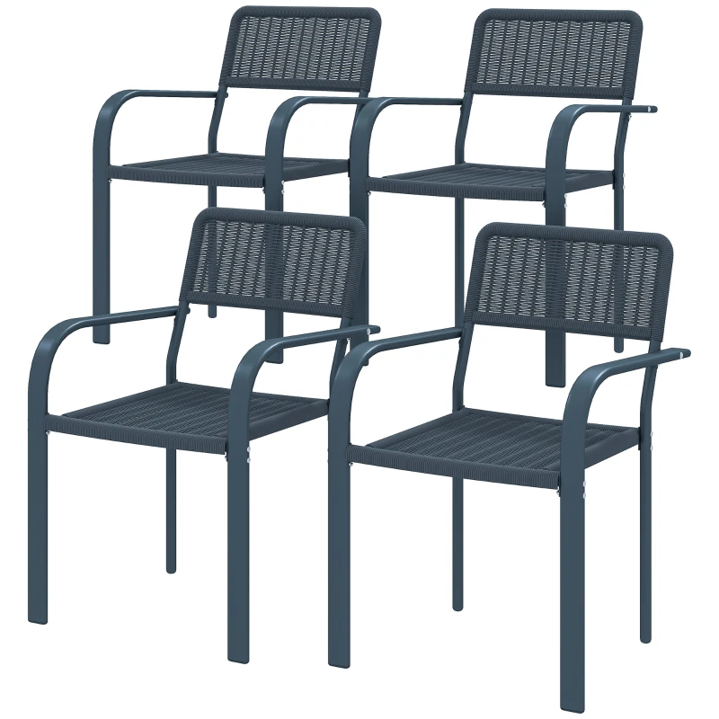Outsunny Garden Chairs Set of 4, Stackable Rattan Effect Dining Chairs with Armrest, Weather Resistant and Lightweight Outdoor Furniture Armchairs for Patio, Balcony, Terrace, Dark Grey