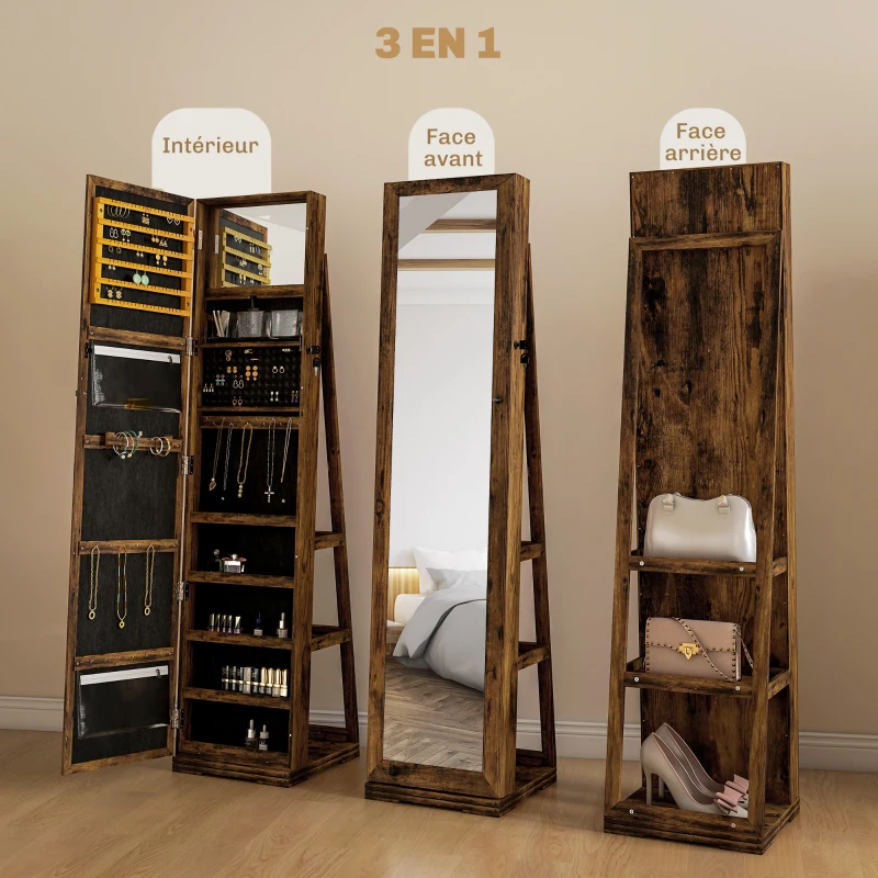 HOMCOM Schmuckschrank mit Spiegel, drehbar und abschließbar, Multiaufbewahrung, Braunholzoptik