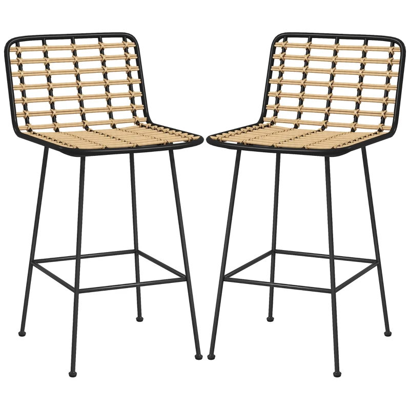 HOMCOM Conjunto de 2 taburetes de bar silla alta diseño bohemio Altura 66 cm con reposapiés acero Negro asiento mimbre PE