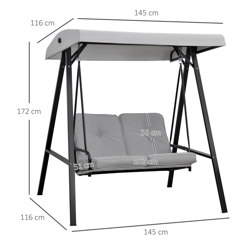 Outsunny Gartenliege für 2 Personen mit großem Komfort inkl. Sitz- und Rückenkissen, Armlehnen und Sonnendach in Grau