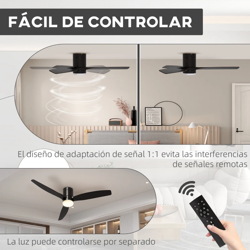 HOMCOM Ventilador de Techo con Luz LED 46W Ventilador de Techo Silencioso Ø132 cm con 3 Aspas Reversibles Control Remoto Negro