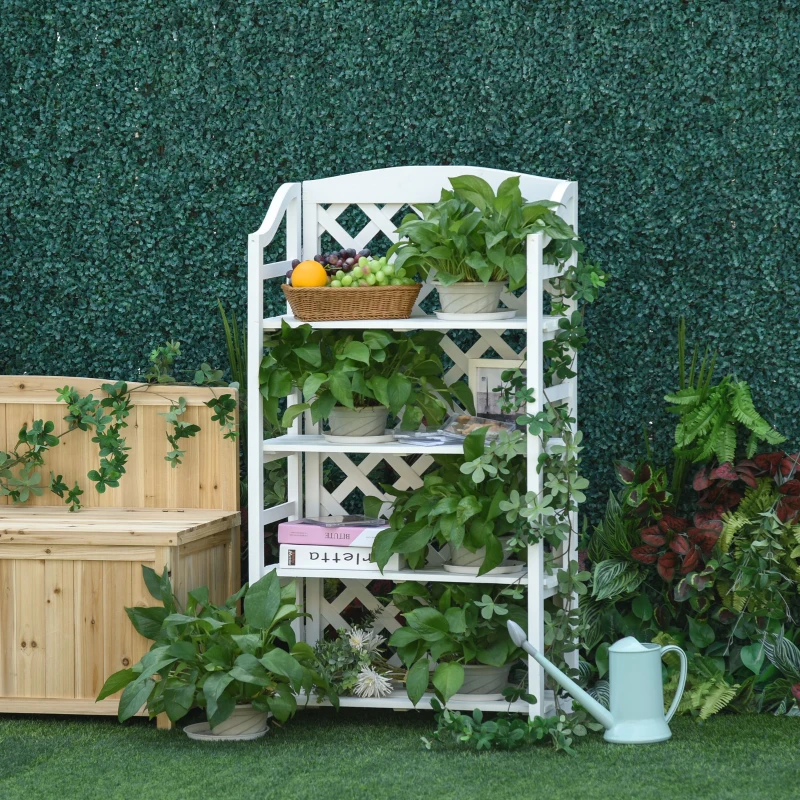 Outsunny Estantería de Flores Plegable Soportes de Macetas Porta Plantas - 4 niveles de Lamas ajustables - panel trasero enrejado