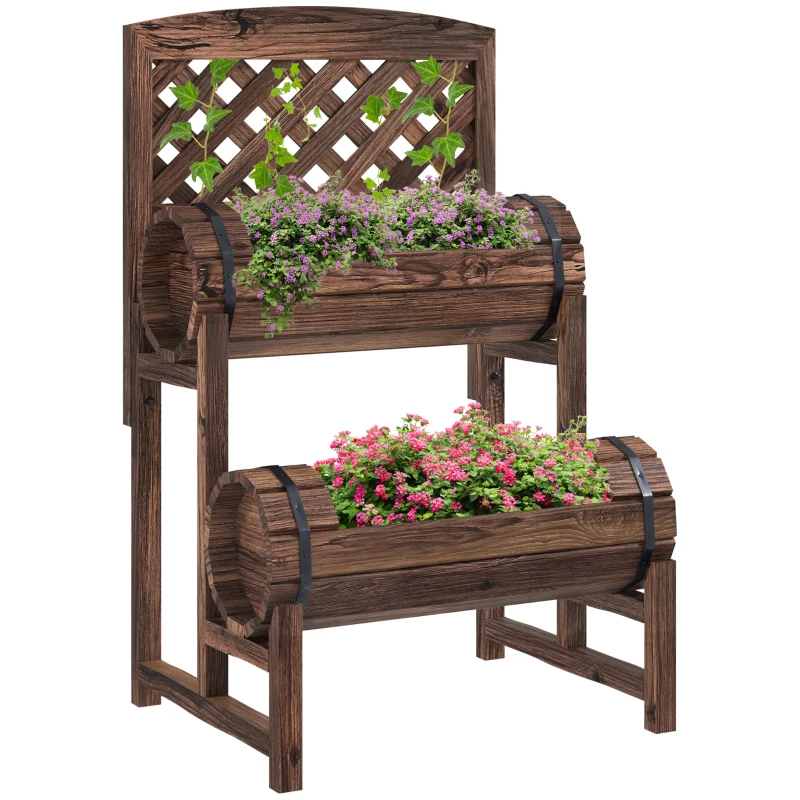 Outsunny Jardinera elevada con enrejado cuadrado para huerto 2 niveles para terraza, balcón, jardín 42x49x80 cm Marrón