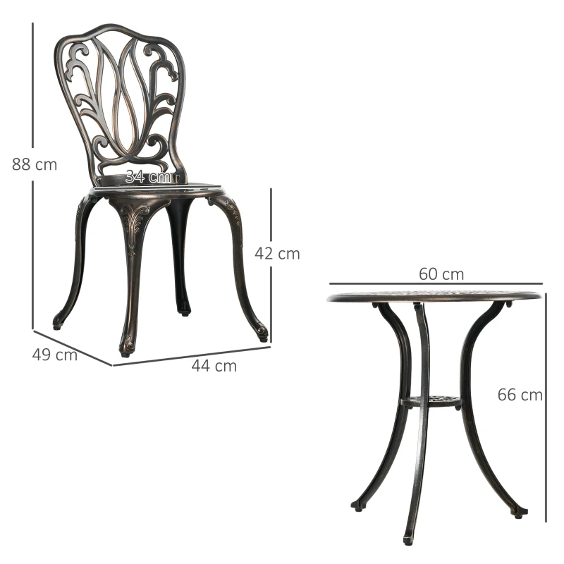 Outsunny Conjunto de Jardín para 2 Personas 2 Sillas + Mesa Redonda de estilo encanto retro en fundición de aluminio, Bronce