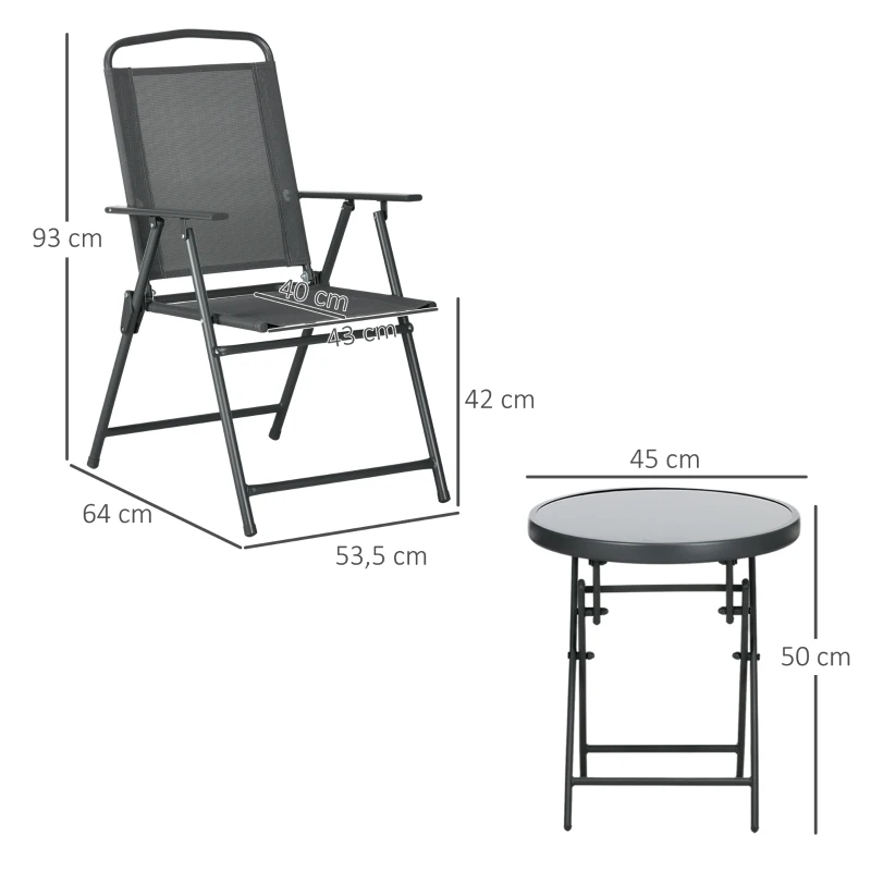 Outsunny Ensemble bistrot 3 pièces en métal résistant aux intempéries avec table en verre pliable Chaises de jardin Gris foncé