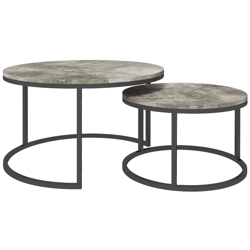 HOMCOM Set de tables basses, 2 tables rondes gigognes, Design industriel, Structure métallique, Imitation marbre/Gris