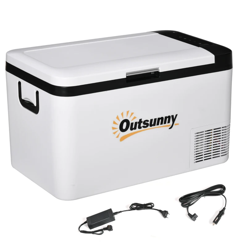 Outsunny Elektrische tragbare Kühlbox 25L 12/24V bis -20℃ Kompressor-Kühlschrank und -Gefrierschrank für Auto mit LED-Licht und klappbaren Griffen Niedriger Energieverbrauch für Zuhause Camping 58,5x33,5x35,2 cm Weiß