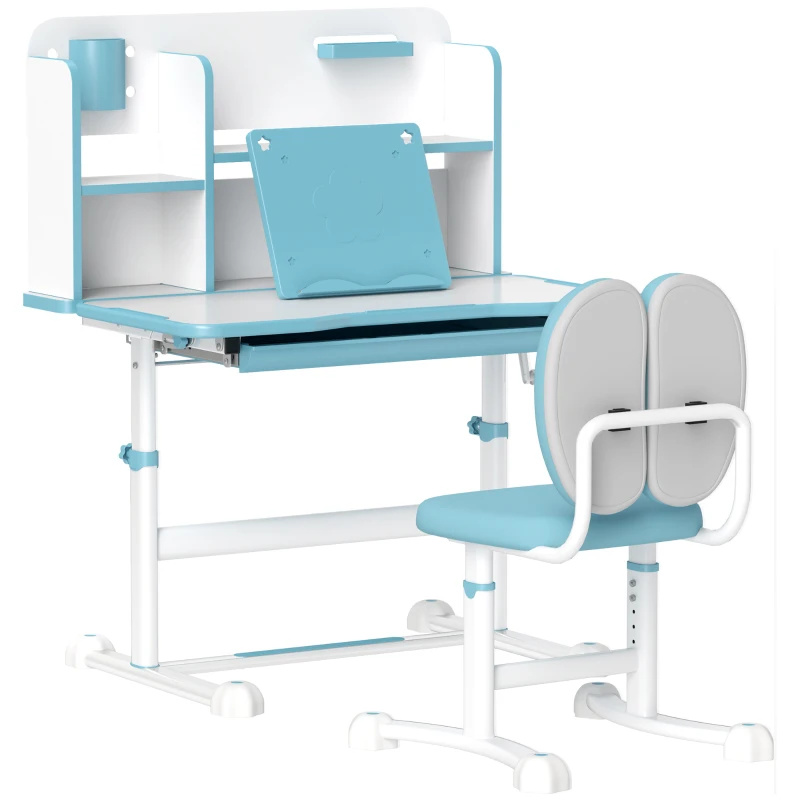 AIYAPLAY Set Bureau et Chaise pour Enfants Réglables, Banc d'École avec Plan Inclinable, Tiroir, Étagère, Bleu