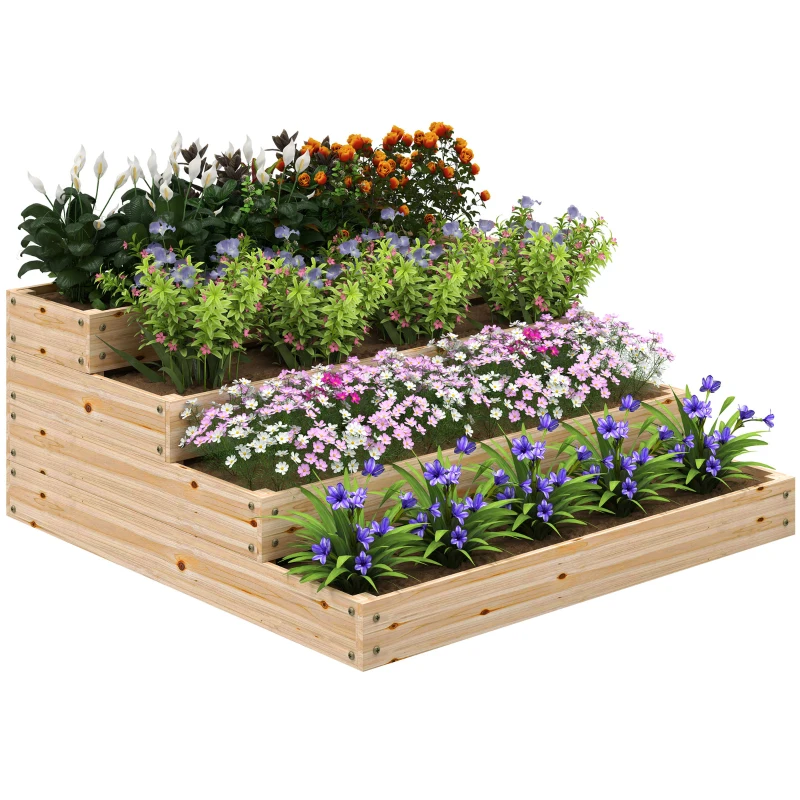 Outsunny Carré potager de jardín sin fondo 4 niveles para hierbas verduras frutas flores 113x113x46 cm Madera Natural