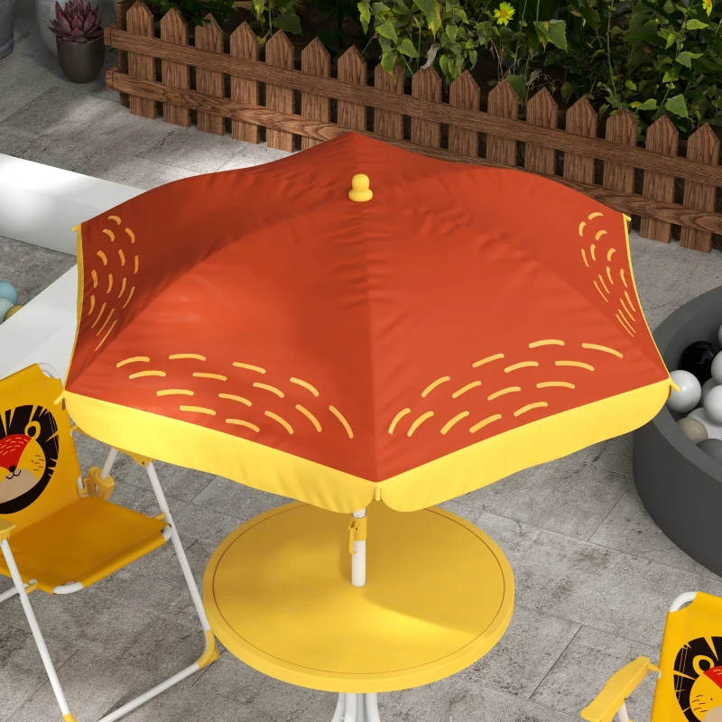 Outsunny Gartenmöbelset für Kinder, 4-teilig, Löwenmotiv mit verstellbarem Sonnenschirm Ø 100 cm, klappbarer Stuhl, Gelb