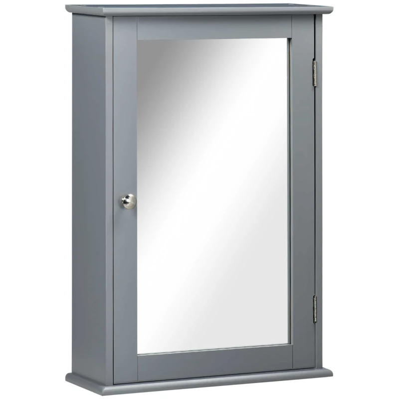 kleankin Armadio murale per il bagno con specchio, armadietto da toilette, con 1 porta e 2 ripiani, Vetro e Legno, grigio