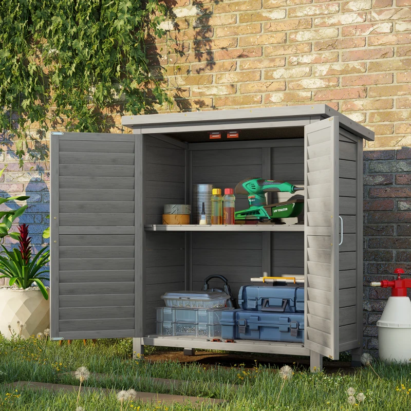 Outsunny Armadio da Giardino Rimessa per Attrezz con Ripiano, Porte Persiane, Tetto in Bitume, Legno di Abete, 87L x 46.5l x 96.5H cm, Grigio