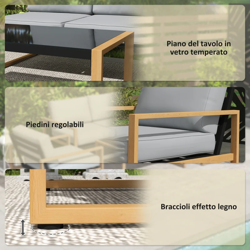 Outsunny Set da Giardino 4 Pezzi con 2 Poltrone, Divanetto e Tavolino, in Alluminio e Fibra, Grigio e color Legno