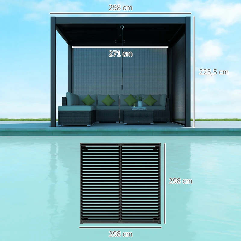 Outsunny Pérgola bioclimática exterior de aluminio 3x3 m con cortinas, sistema de drenaje oculto, Gris