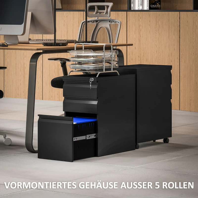Vinsetto Aktenschrank aus Metall, Büroschrank, 3 Schubladen, rollbar, Schwarz